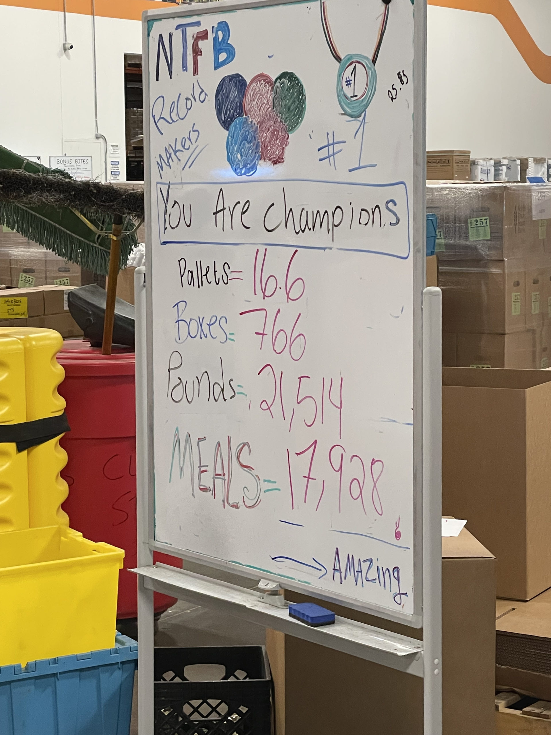 Dry erase board tallying points to a total of 17,928 meals created.